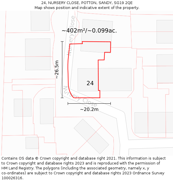 24, NURSERY CLOSE, POTTON, SANDY, SG19 2QE: Plot and title map