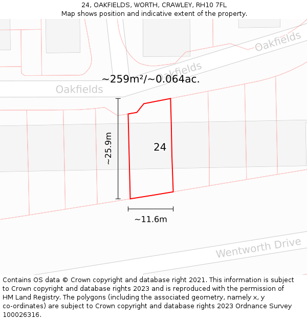 24, OAKFIELDS, WORTH, CRAWLEY, RH10 7FL: Plot and title map