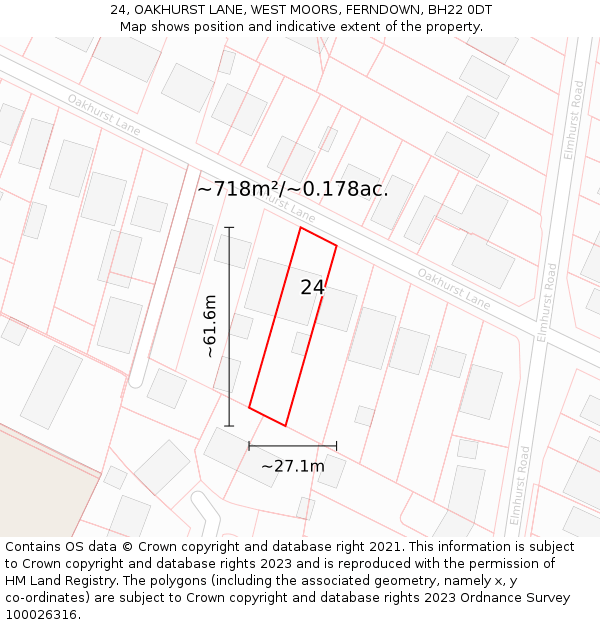 24, OAKHURST LANE, WEST MOORS, FERNDOWN, BH22 0DT: Plot and title map