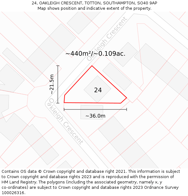 24, OAKLEIGH CRESCENT, TOTTON, SOUTHAMPTON, SO40 9AP: Plot and title map