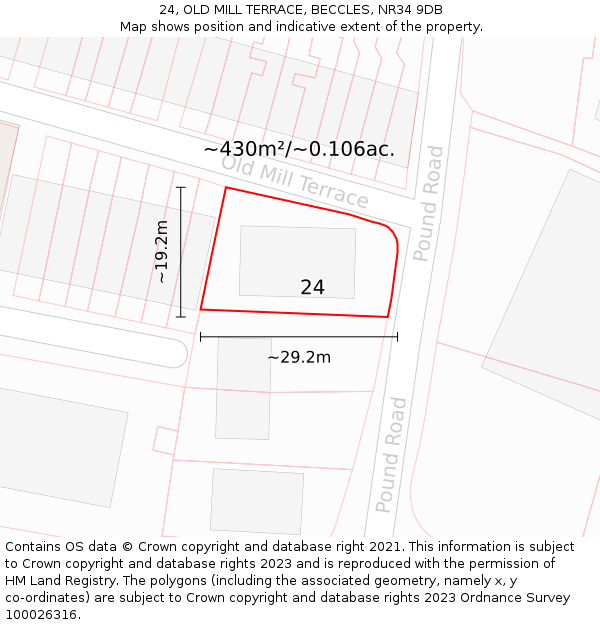 24, OLD MILL TERRACE, BECCLES, NR34 9DB: Plot and title map