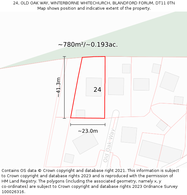 24, OLD OAK WAY, WINTERBORNE WHITECHURCH, BLANDFORD FORUM, DT11 0TN: Plot and title map