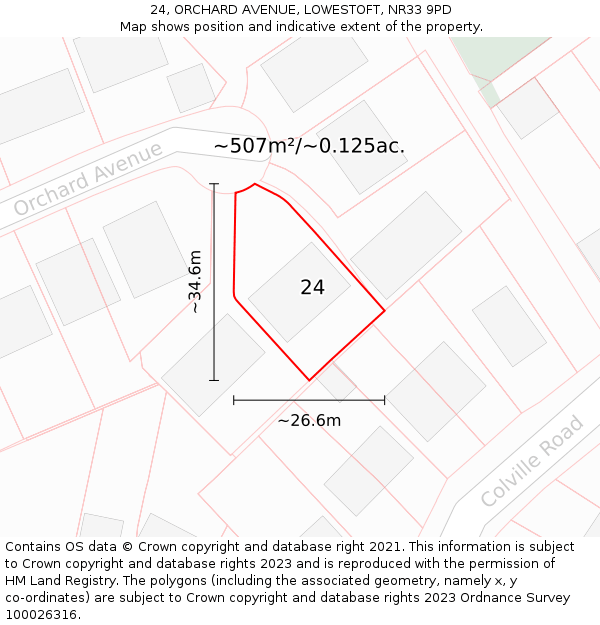 24, ORCHARD AVENUE, LOWESTOFT, NR33 9PD: Plot and title map