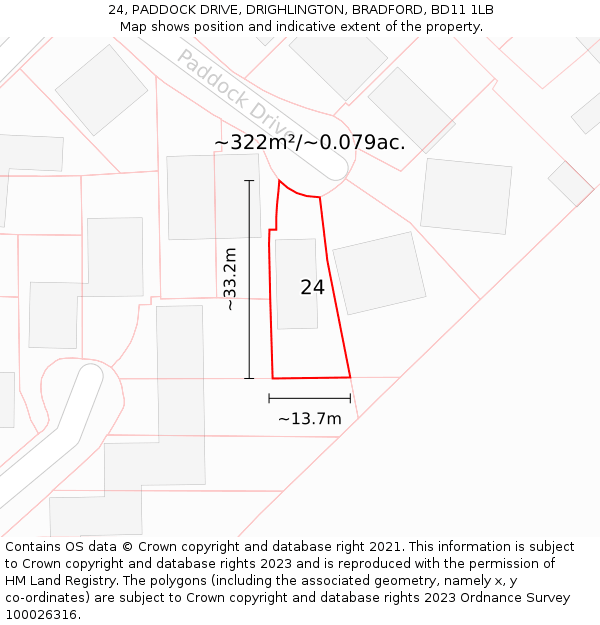 24, PADDOCK DRIVE, DRIGHLINGTON, BRADFORD, BD11 1LB: Plot and title map