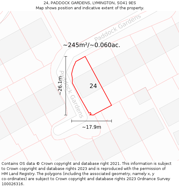 24, PADDOCK GARDENS, LYMINGTON, SO41 9ES: Plot and title map