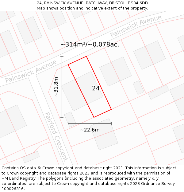 24, PAINSWICK AVENUE, PATCHWAY, BRISTOL, BS34 6DB: Plot and title map