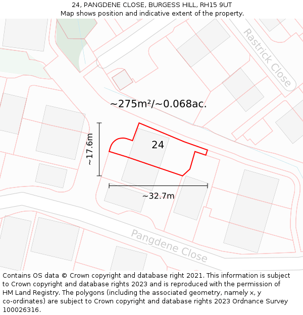 24, PANGDENE CLOSE, BURGESS HILL, RH15 9UT: Plot and title map