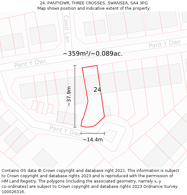 24, PANTYDWR, THREE CROSSES, SWANSEA, SA4 3PG: Plot and title map