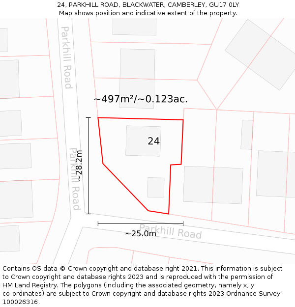 24, PARKHILL ROAD, BLACKWATER, CAMBERLEY, GU17 0LY: Plot and title map