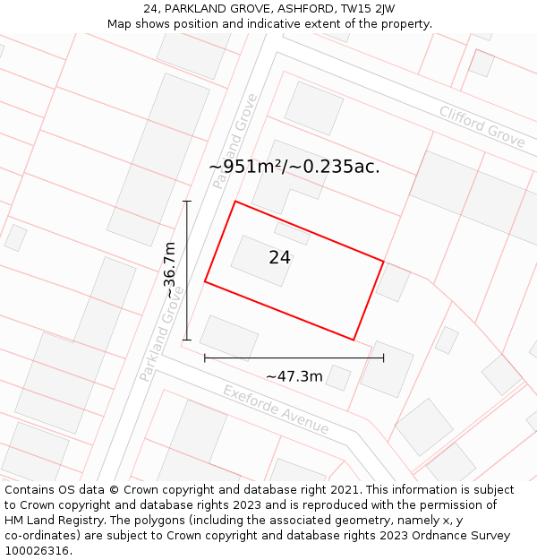 24, PARKLAND GROVE, ASHFORD, TW15 2JW: Plot and title map