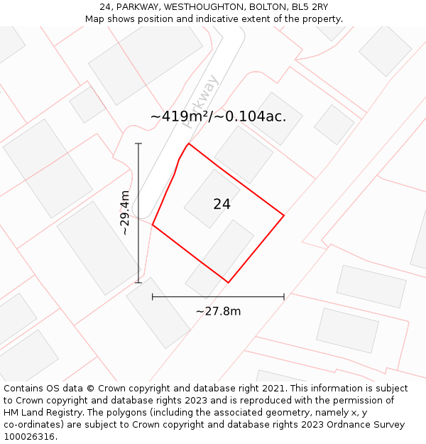 24, PARKWAY, WESTHOUGHTON, BOLTON, BL5 2RY: Plot and title map