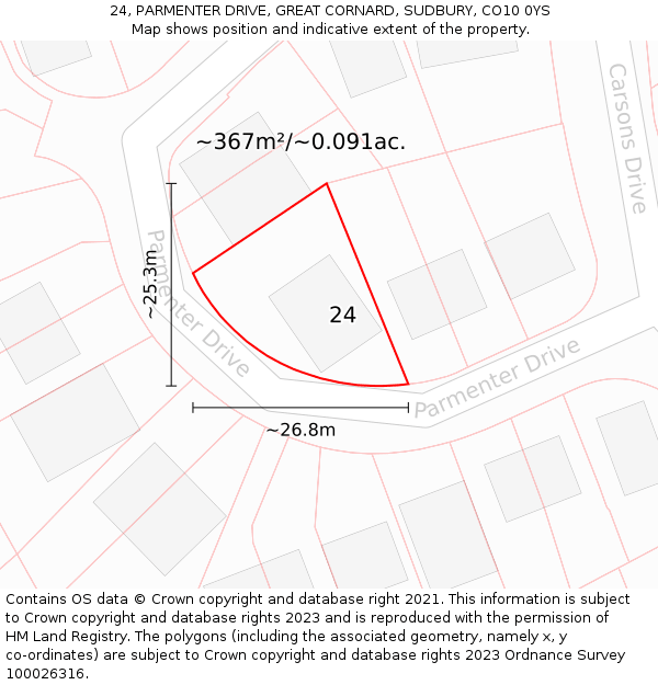 24, PARMENTER DRIVE, GREAT CORNARD, SUDBURY, CO10 0YS: Plot and title map