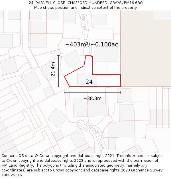 24, PARNELL CLOSE, CHAFFORD HUNDRED, GRAYS, RM16 6BQ: Plot and title map