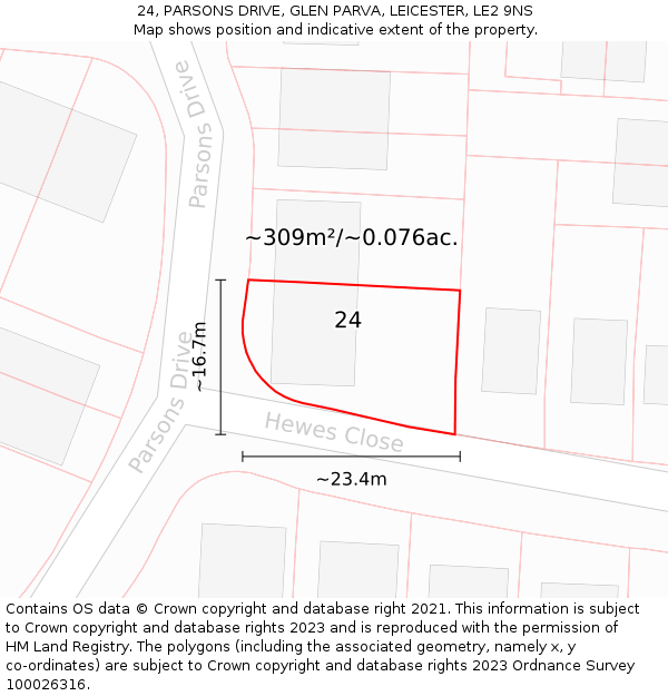 24, PARSONS DRIVE, GLEN PARVA, LEICESTER, LE2 9NS: Plot and title map