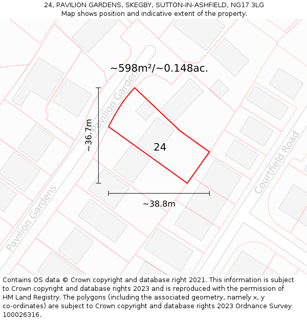 24, PAVILION GARDENS, SKEGBY, SUTTON-IN-ASHFIELD, NG17 3LG: Plot and title map