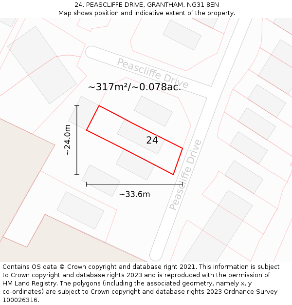 24, PEASCLIFFE DRIVE, GRANTHAM, NG31 8EN: Plot and title map