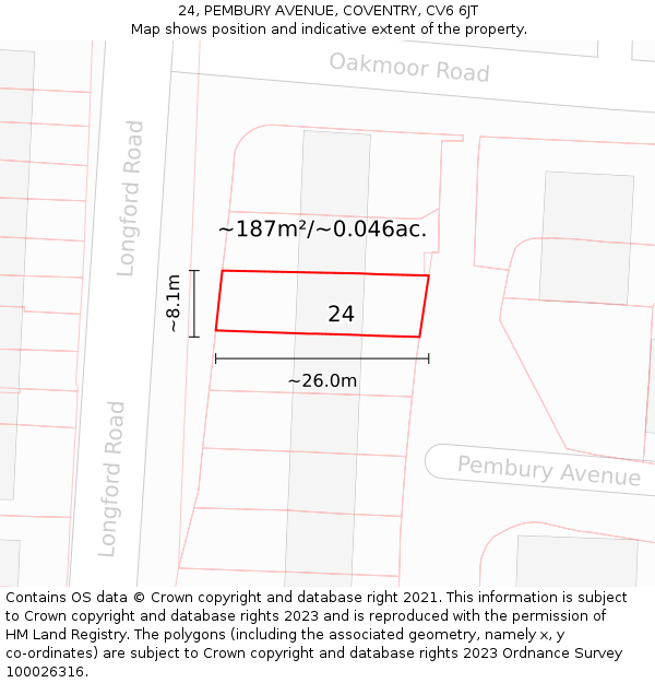 24, PEMBURY AVENUE, COVENTRY, CV6 6JT: Plot and title map