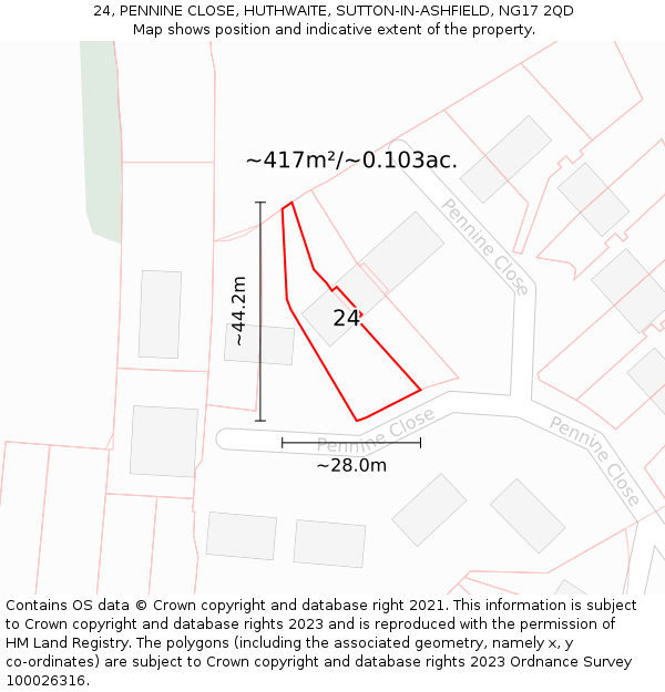 24, PENNINE CLOSE, HUTHWAITE, SUTTON-IN-ASHFIELD, NG17 2QD: Plot and title map