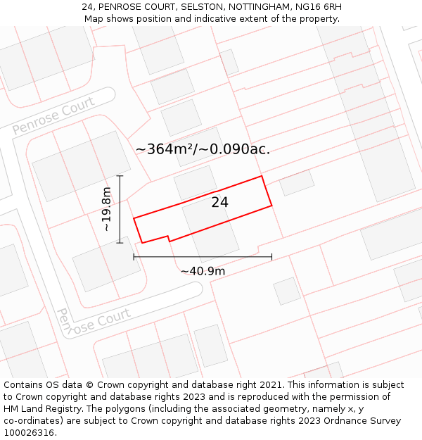 24, PENROSE COURT, SELSTON, NOTTINGHAM, NG16 6RH: Plot and title map