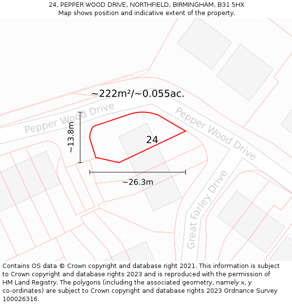 24, PEPPER WOOD DRIVE, NORTHFIELD, BIRMINGHAM, B31 5HX: Plot and title map