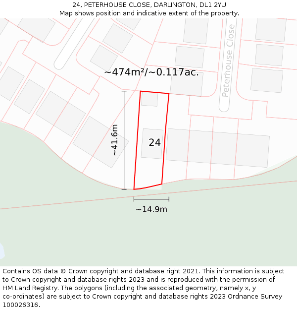 24, PETERHOUSE CLOSE, DARLINGTON, DL1 2YU: Plot and title map