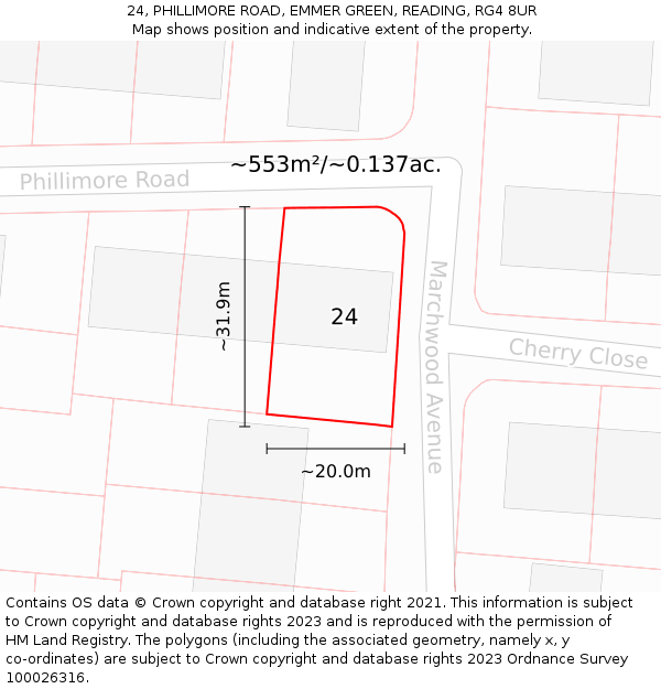 24, PHILLIMORE ROAD, EMMER GREEN, READING, RG4 8UR: Plot and title map