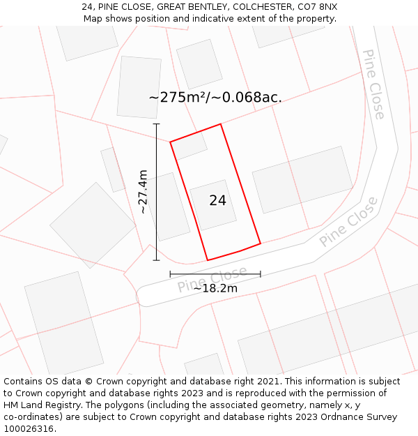 24, PINE CLOSE, GREAT BENTLEY, COLCHESTER, CO7 8NX: Plot and title map