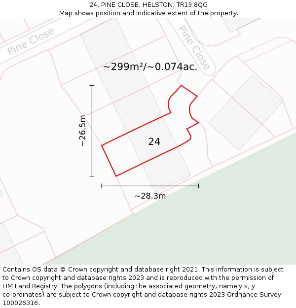 24, PINE CLOSE, HELSTON, TR13 8QG: Plot and title map