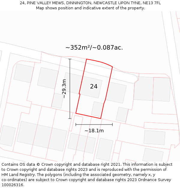 24, PINE VALLEY MEWS, DINNINGTON, NEWCASTLE UPON TYNE, NE13 7FL: Plot and title map