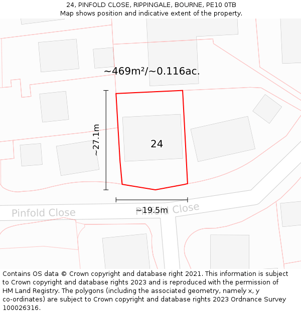 24, PINFOLD CLOSE, RIPPINGALE, BOURNE, PE10 0TB: Plot and title map