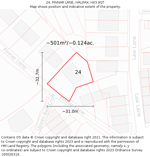 24, PINNAR LANE, HALIFAX, HX3 9QT: Plot and title map