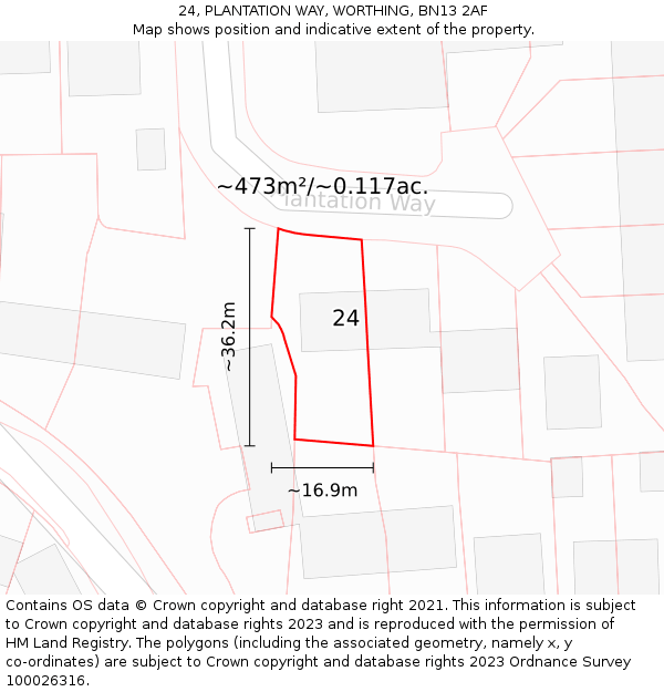 24, PLANTATION WAY, WORTHING, BN13 2AF: Plot and title map