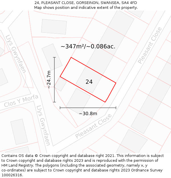 24, PLEASANT CLOSE, GORSEINON, SWANSEA, SA4 4FD: Plot and title map
