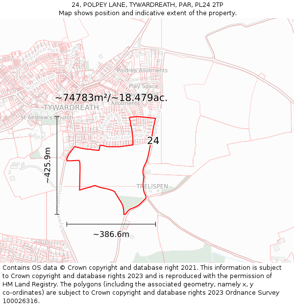 24, POLPEY LANE, TYWARDREATH, PAR, PL24 2TP: Plot and title map