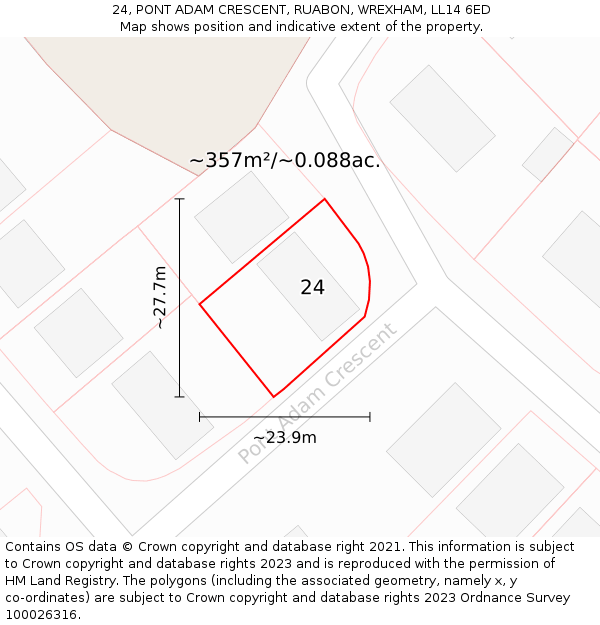 24, PONT ADAM CRESCENT, RUABON, WREXHAM, LL14 6ED: Plot and title map