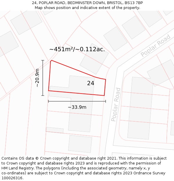 24, POPLAR ROAD, BEDMINSTER DOWN, BRISTOL, BS13 7BP: Plot and title map