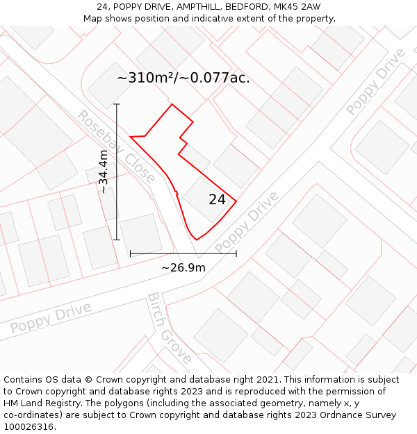 24, POPPY DRIVE, AMPTHILL, BEDFORD, MK45 2AW: Plot and title map