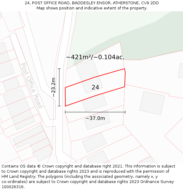 24, POST OFFICE ROAD, BADDESLEY ENSOR, ATHERSTONE, CV9 2DD: Plot and title map