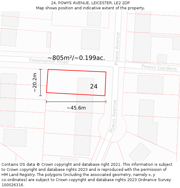 24, POWYS AVENUE, LEICESTER, LE2 2DP: Plot and title map