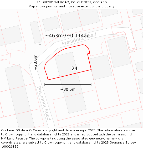 24, PRESIDENT ROAD, COLCHESTER, CO3 9ED: Plot and title map