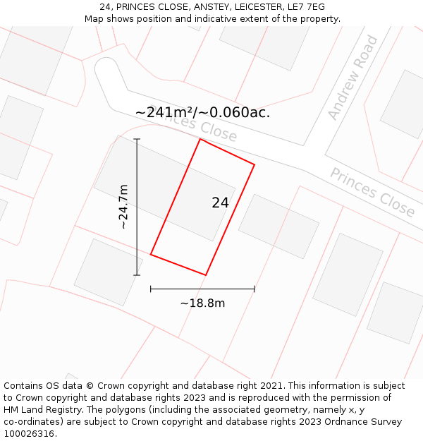 24, PRINCES CLOSE, ANSTEY, LEICESTER, LE7 7EG: Plot and title map