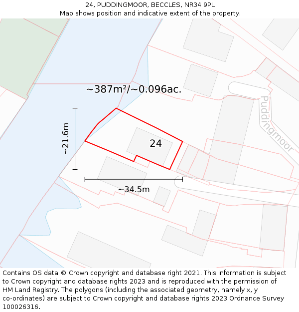 24, PUDDINGMOOR, BECCLES, NR34 9PL: Plot and title map