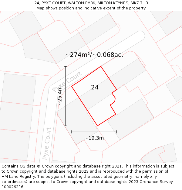 24, PYXE COURT, WALTON PARK, MILTON KEYNES, MK7 7HR: Plot and title map