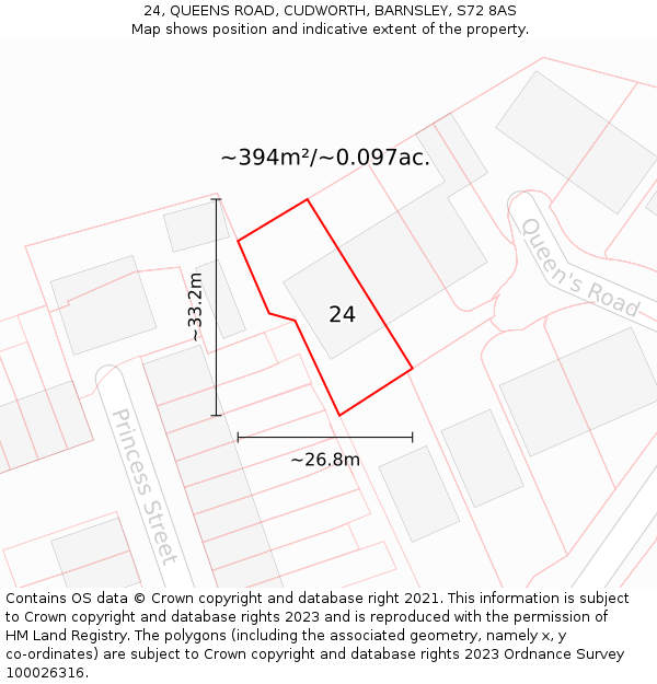 24, QUEENS ROAD, CUDWORTH, BARNSLEY, S72 8AS: Plot and title map