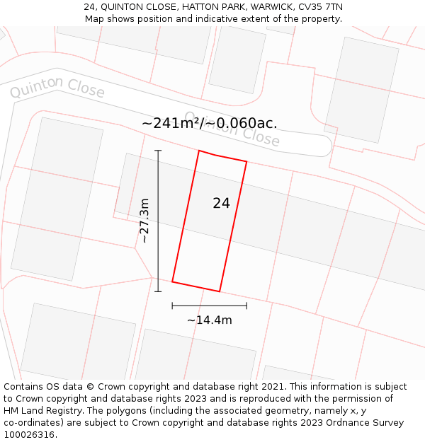 24, QUINTON CLOSE, HATTON PARK, WARWICK, CV35 7TN: Plot and title map