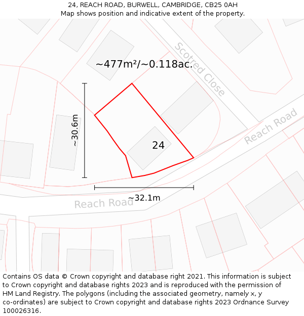 24, REACH ROAD, BURWELL, CAMBRIDGE, CB25 0AH: Plot and title map