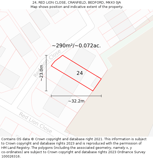 24, RED LION CLOSE, CRANFIELD, BEDFORD, MK43 0JA: Plot and title map