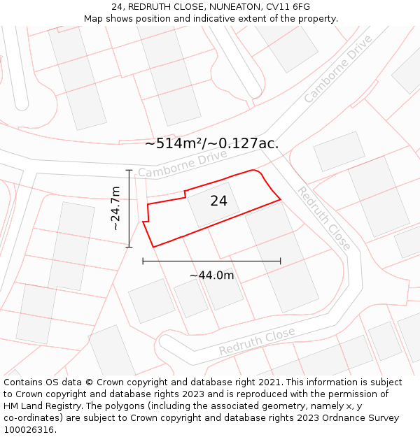 24, REDRUTH CLOSE, NUNEATON, CV11 6FG: Plot and title map