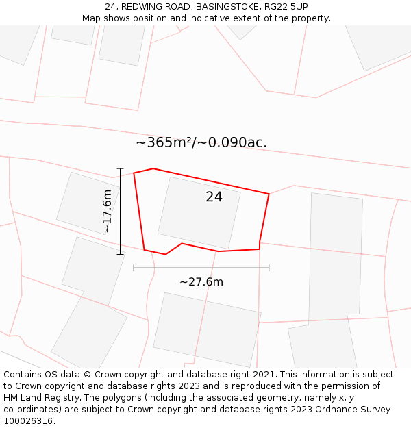 24, REDWING ROAD, BASINGSTOKE, RG22 5UP: Plot and title map