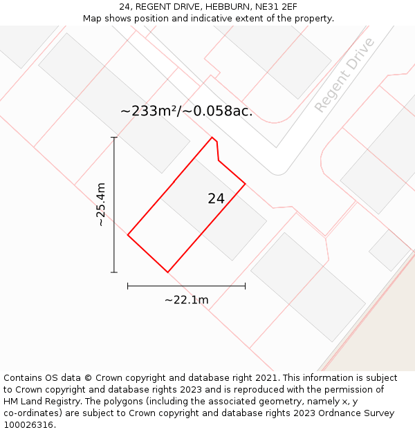 24, REGENT DRIVE, HEBBURN, NE31 2EF: Plot and title map